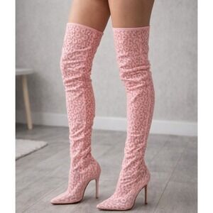 Azalea Wang Freyja Boots Womens Size 11 Pink Lace Thigh High Sock Stiletto Heels